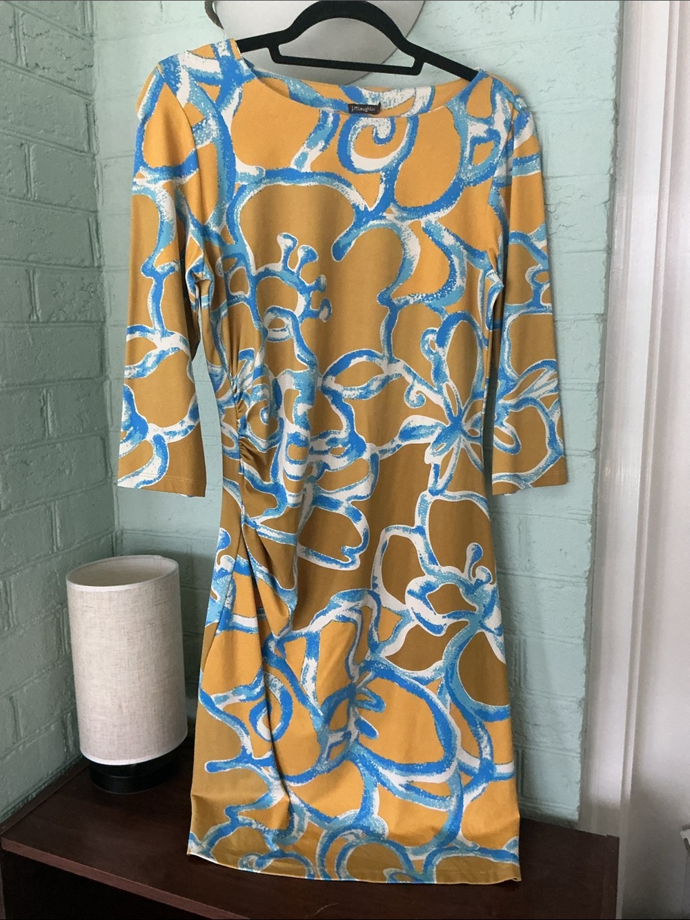 J McLaughlin Abstract Floral Long-Sleeve Shift Dress in Mustard and Blue